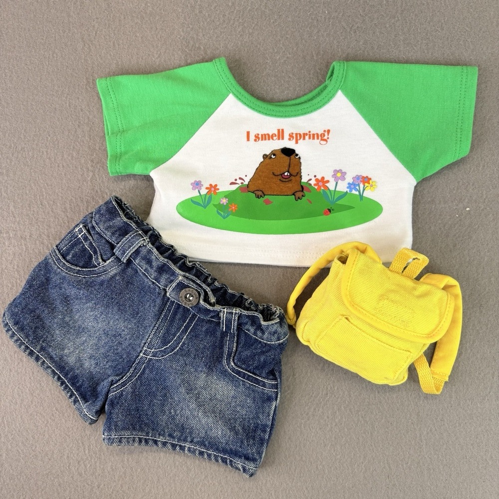 Build A Bear BABW Outfit Lot Groundhog "I Smell Spring!" Shirt Shorts Backpack